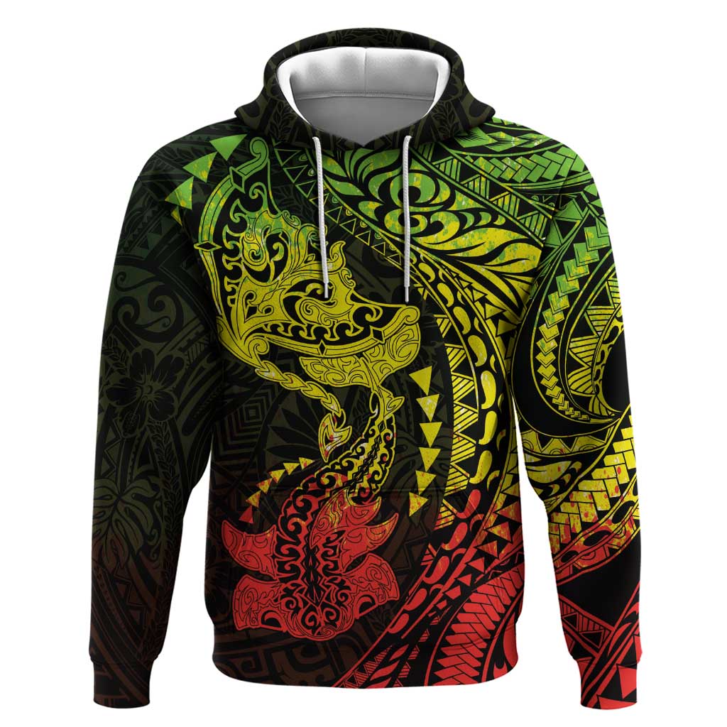 Hawaiian Manta Ray and Hammerhead Shark Tribal Tattoo Zip Hoodie with Polynesian Tribal Pattern Reggae Style
