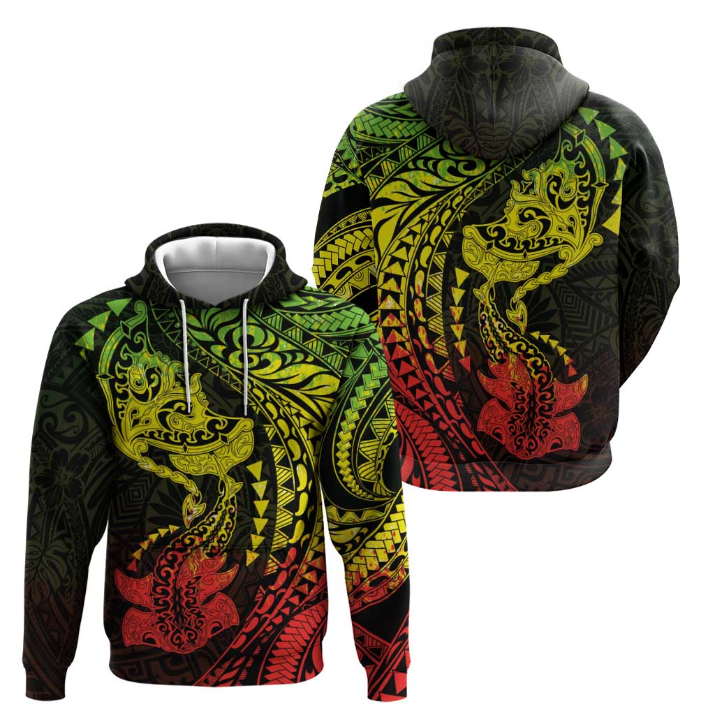 Hawaiian Manta Ray and Hammerhead Shark Tribal Tattoo Zip Hoodie with Polynesian Tribal Pattern Reggae Style