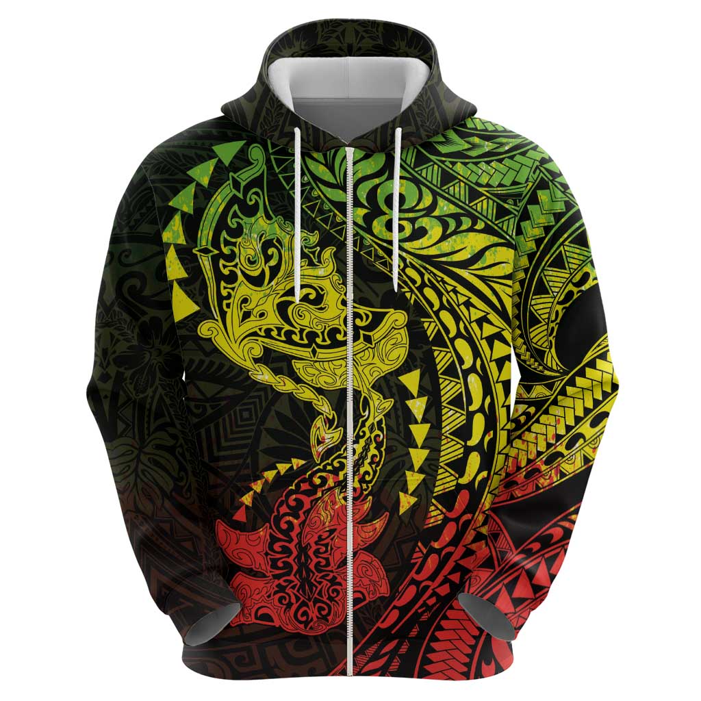 Hawaiian Manta Ray and Hammerhead Shark Tribal Tattoo Zip Hoodie with Polynesian Tribal Pattern Reggae Style
