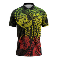 Hawaiian Manta Ray and Hammerhead Shark Tribal Tattoo Zipper Polo Shirt with Polynesian Tribal Pattern Reggae Style