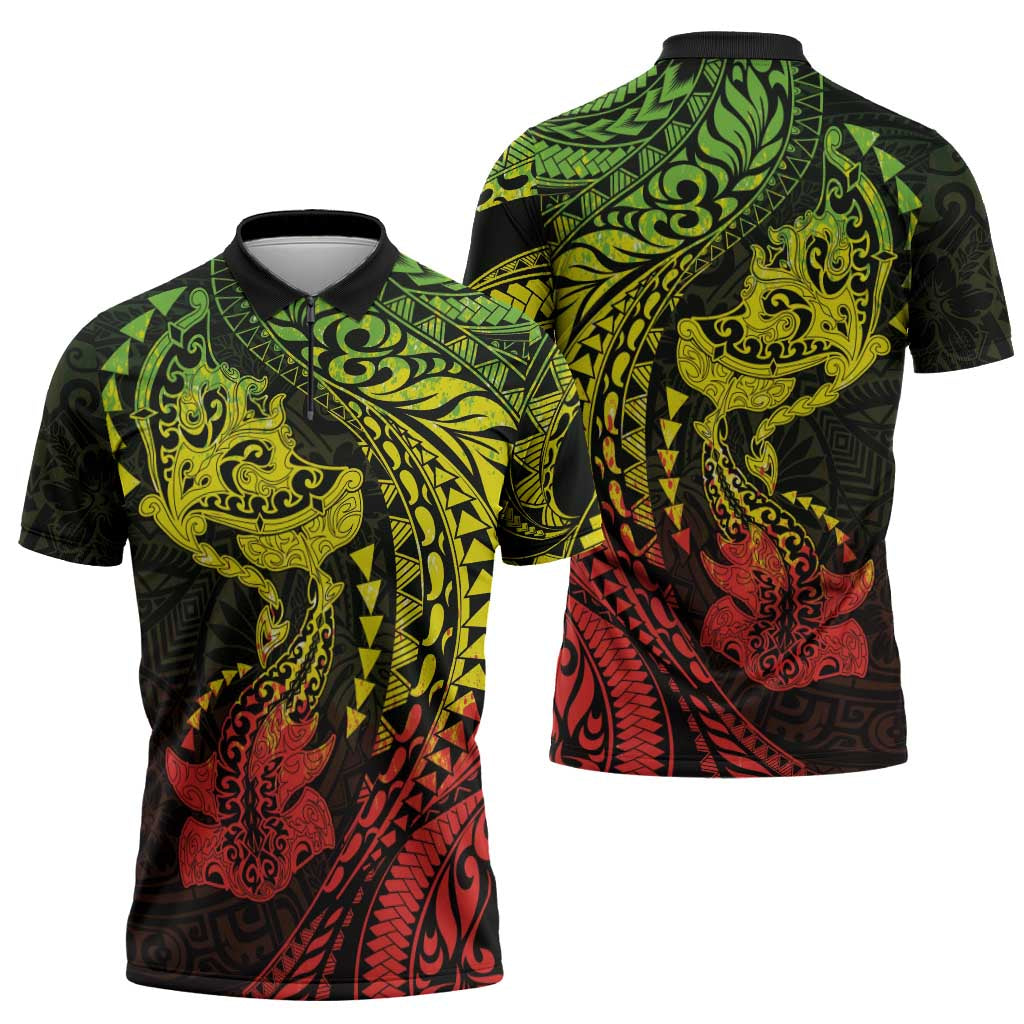 Hawaiian Manta Ray and Hammerhead Shark Tribal Tattoo Zipper Polo Shirt with Polynesian Tribal Pattern Reggae Style