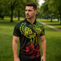 Hawaiian Manta Ray and Hammerhead Shark Tribal Tattoo Zipper Polo Shirt with Polynesian Tribal Pattern Reggae Style