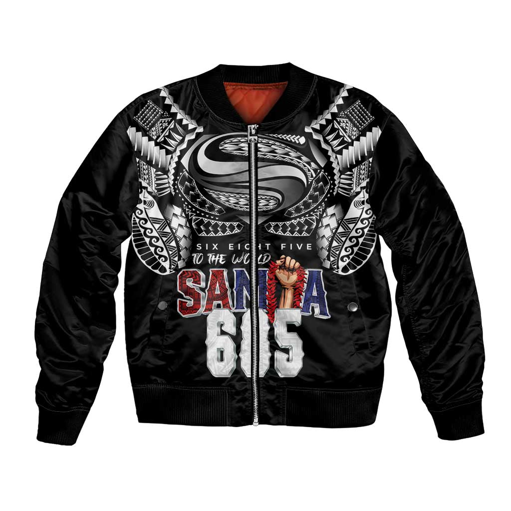Super Samoa-Six Eight Five to The World Bomber Jacket Traditional Samoan Tattoo Black Color LT03 Unisex Black - Polynesian Pride