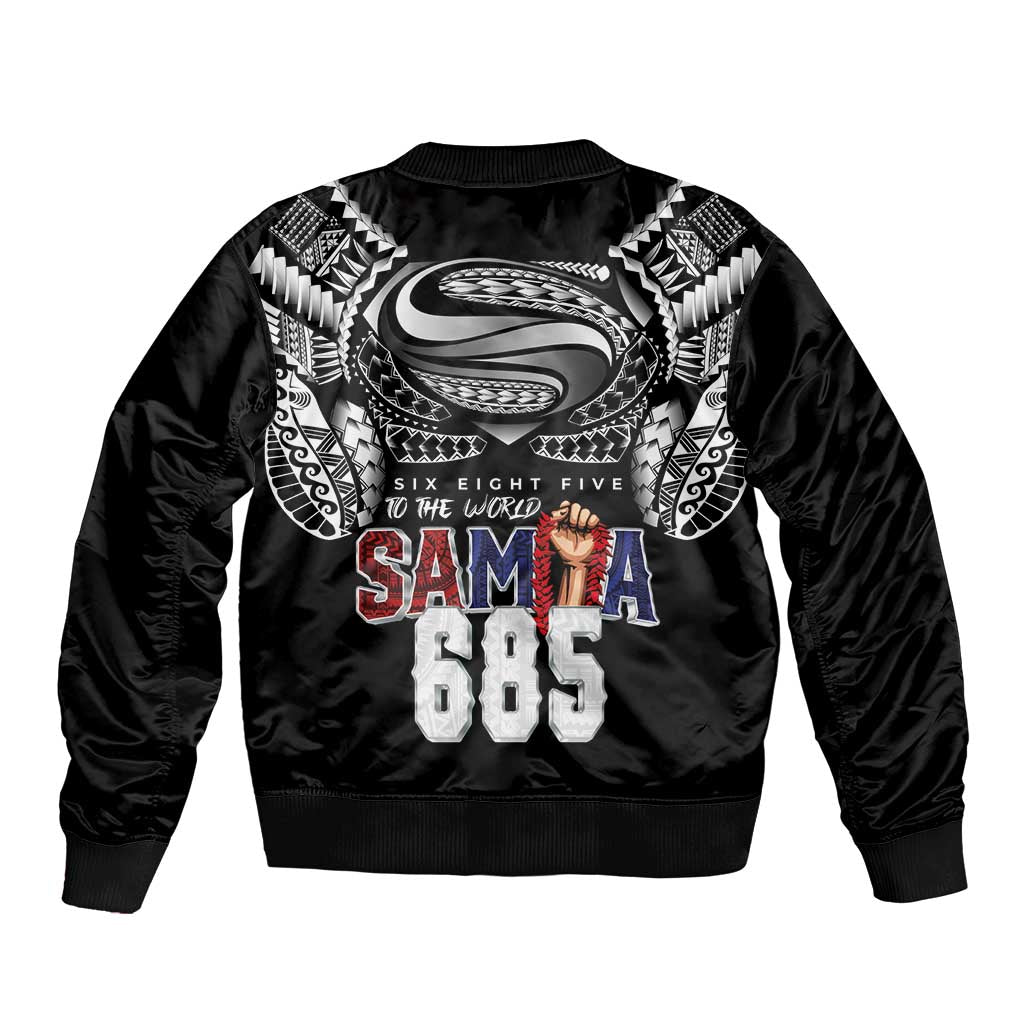 Super Samoa-Six Eight Five to The World Bomber Jacket Traditional Samoan Tattoo Black Color LT03 - Polynesian Pride