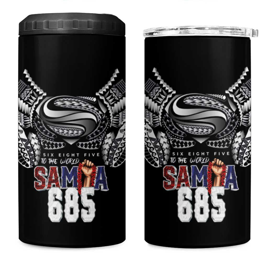 Super Samoa-Six Eight Five to The World 4 in 1 Can Cooler Tumbler Traditional Samoan Tattoo Black Color