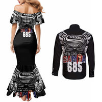 Super Samoa-Six Eight Five to The World Couples Matching Mermaid Dress and Long Sleeve Button Shirt Traditional Samoan Tattoo Black Color