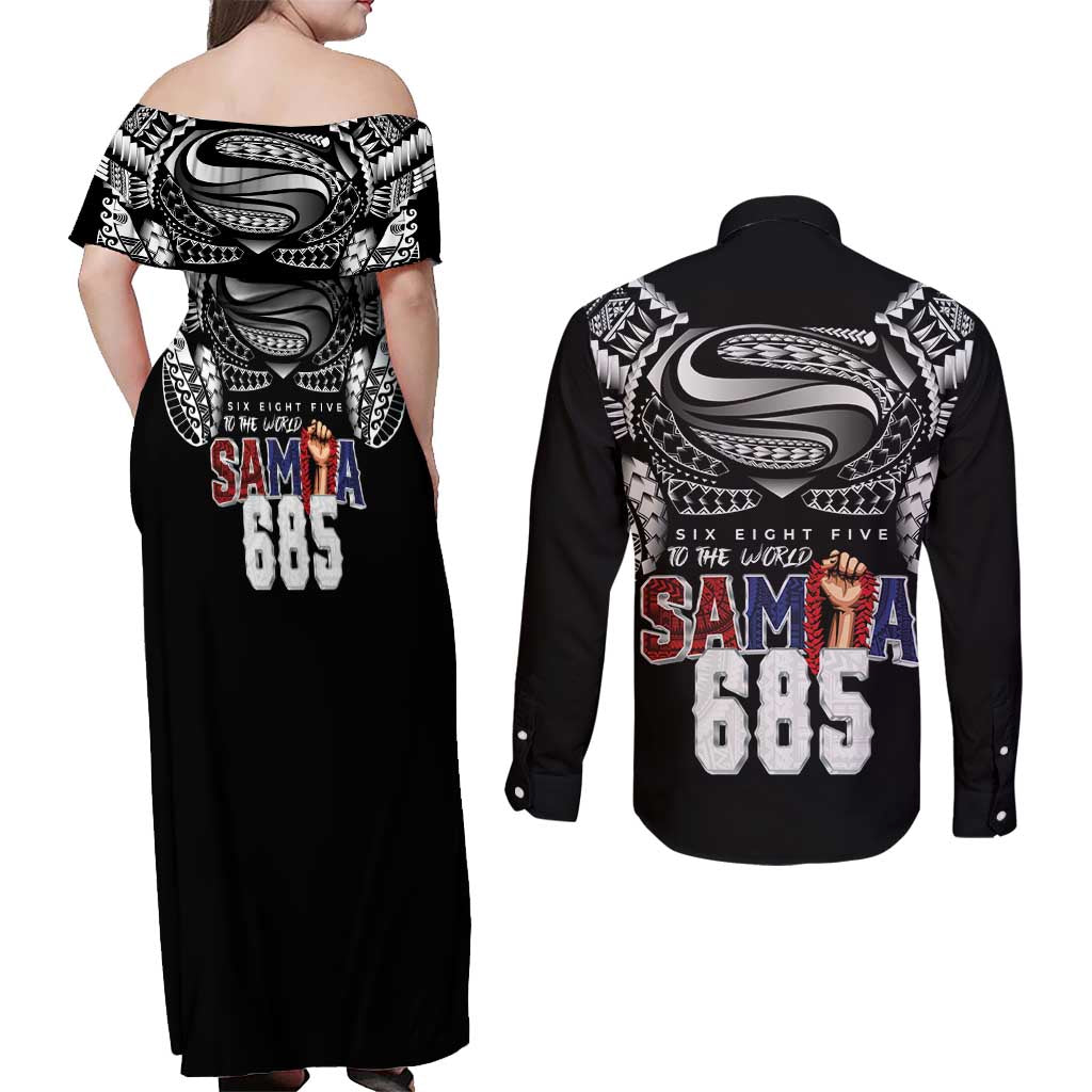 Super Samoa-Six Eight Five to The World Couples Matching Off Shoulder Maxi Dress and Long Sleeve Button Shirt Traditional Samoan Tattoo Black Color