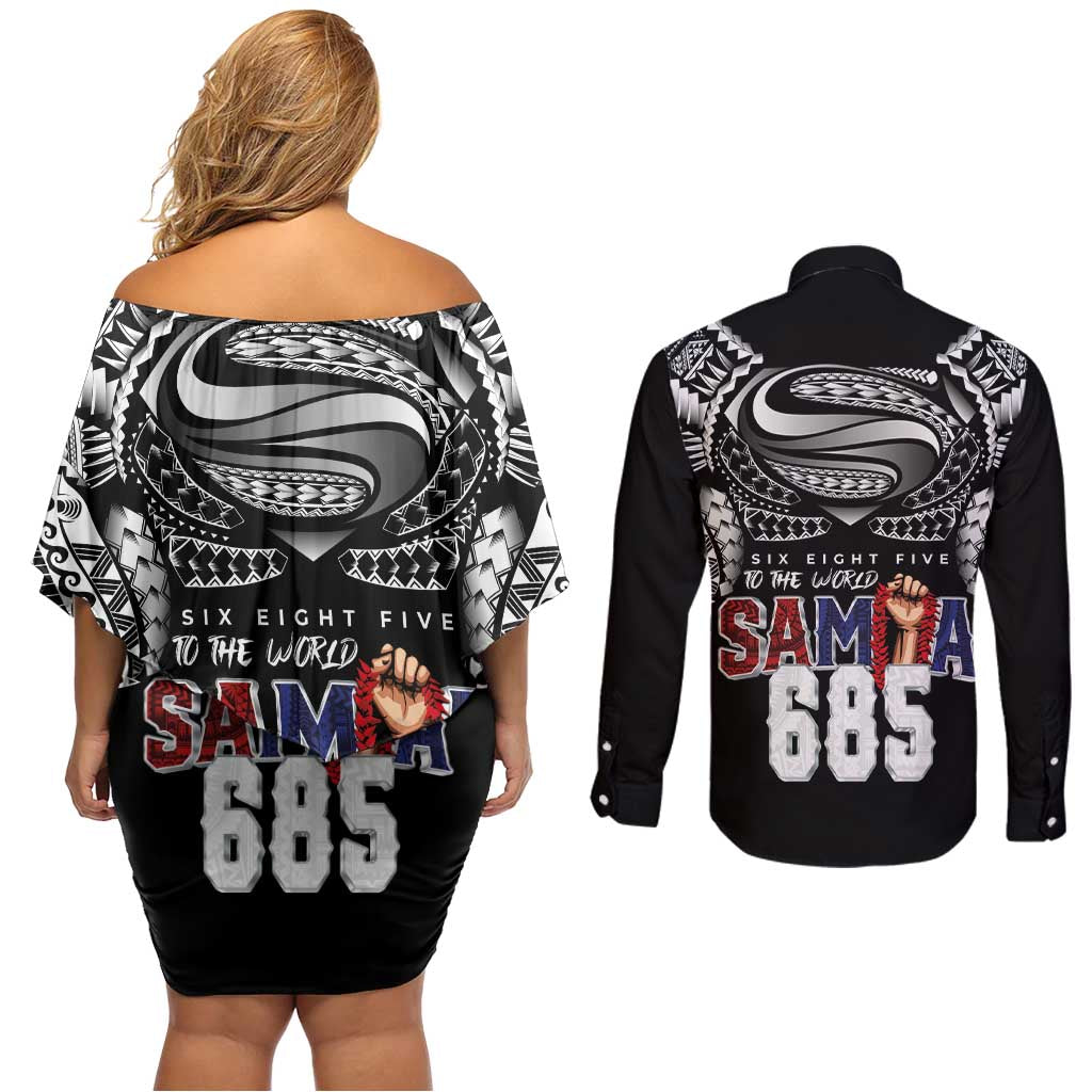Super Samoa-Six Eight Five to The World Couples Matching Off Shoulder Short Dress and Long Sleeve Button Shirt Traditional Samoan Tattoo Black Color