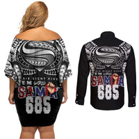 Super Samoa-Six Eight Five to The World Couples Matching Off Shoulder Short Dress and Long Sleeve Button Shirt Traditional Samoan Tattoo Black Color