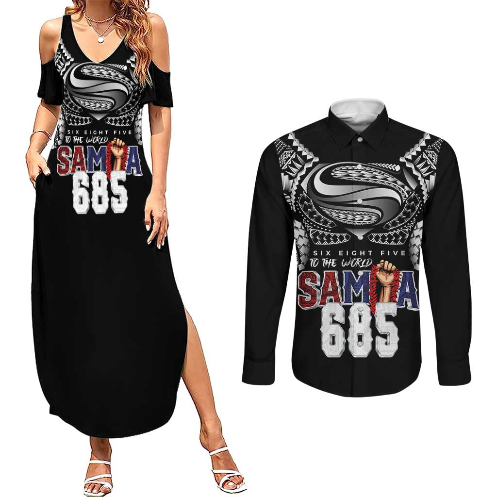 Super Samoa-Six Eight Five to The World Couples Matching Summer Maxi Dress and Long Sleeve Button Shirt Traditional Samoan Tattoo Black Color