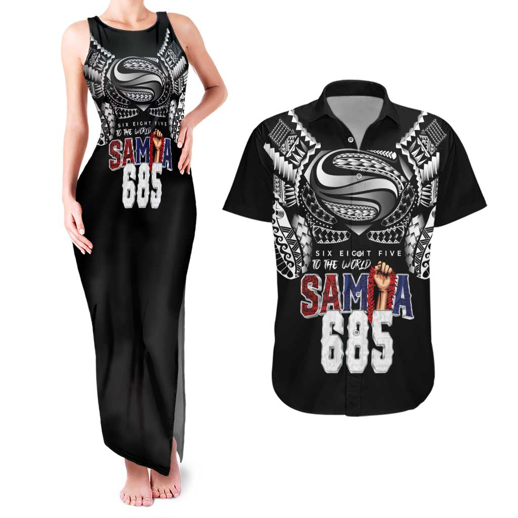Super Samoa-Six Eight Five to The World Couples Matching Tank Maxi Dress and Hawaiian Shirt Traditional Samoan Tattoo Black Color LT03 Black - Polynesian Pride