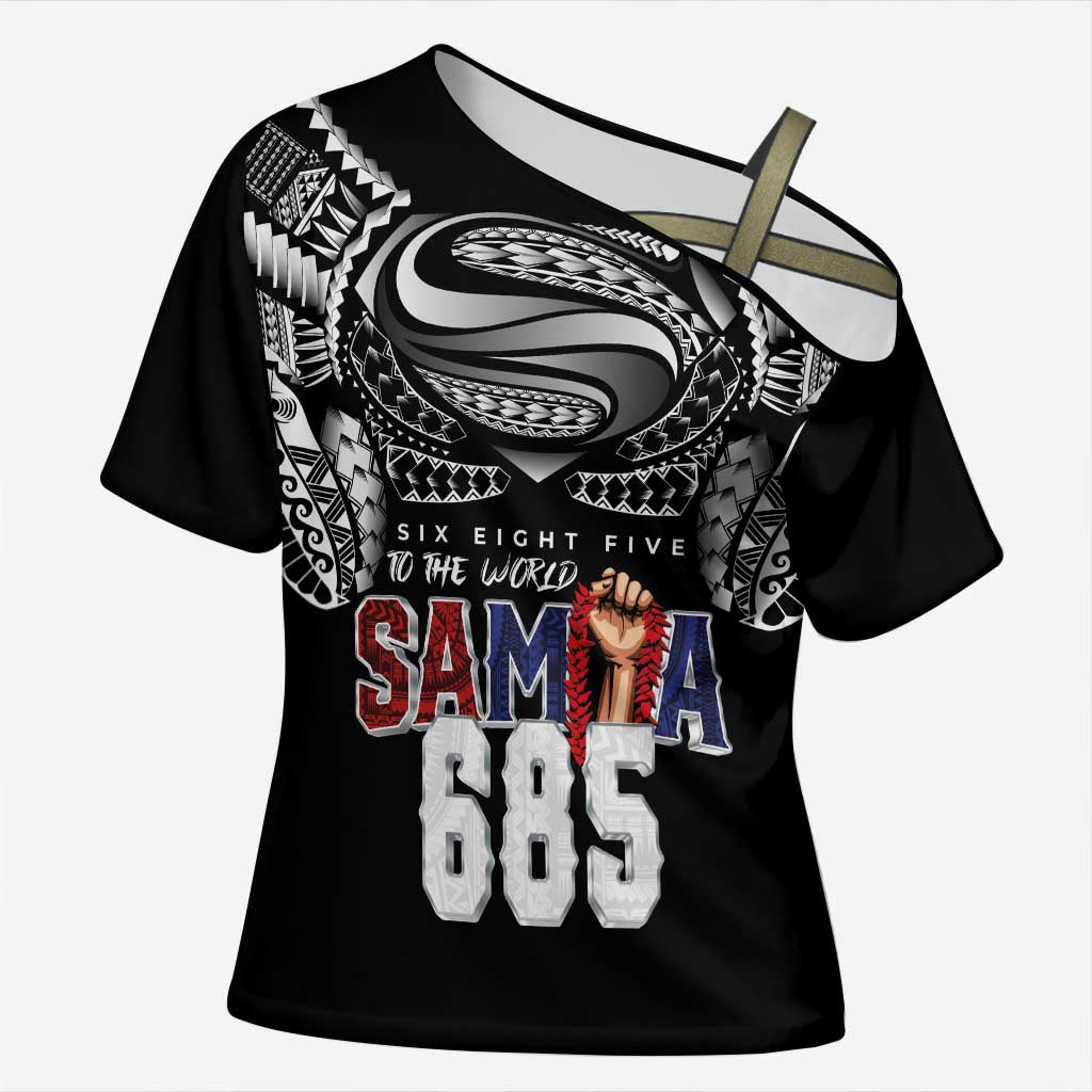 Super Samoa-Six Eight Five to The World Cross Shoulder Shirt Traditional Samoan Tattoo Black Color LT03 Female Black - Polynesian Pride