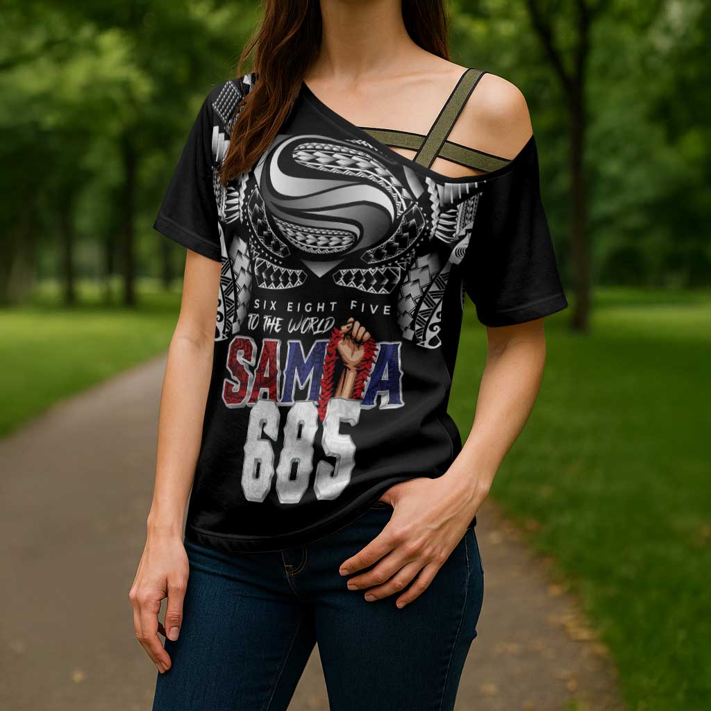 Super Samoa-Six Eight Five to The World Cross Shoulder Shirt Traditional Samoan Tattoo Black Color LT03 - Polynesian Pride