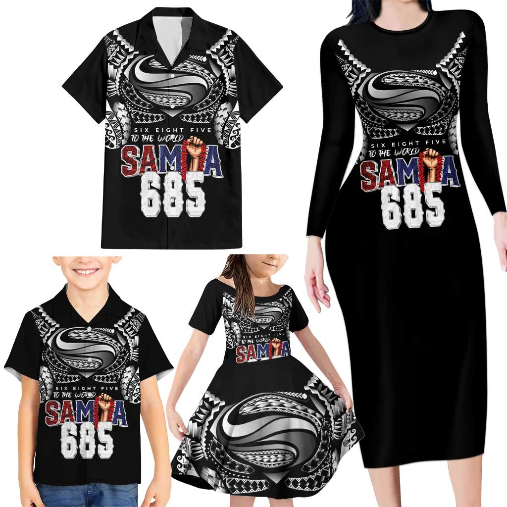 Super Samoa-Six Eight Five to The World Family Matching Long Sleeve Bodycon Dress and Hawaiian Shirt Traditional Samoan Tattoo Black Color