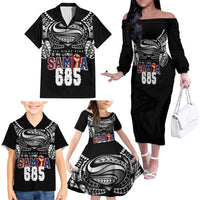 Super Samoa-Six Eight Five to The World Family Matching Off The Shoulder Long Sleeve Dress and Hawaiian Shirt Traditional Samoan Tattoo Black Color