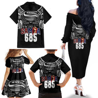 Super Samoa-Six Eight Five to The World Family Matching Off The Shoulder Long Sleeve Dress and Hawaiian Shirt Traditional Samoan Tattoo Black Color