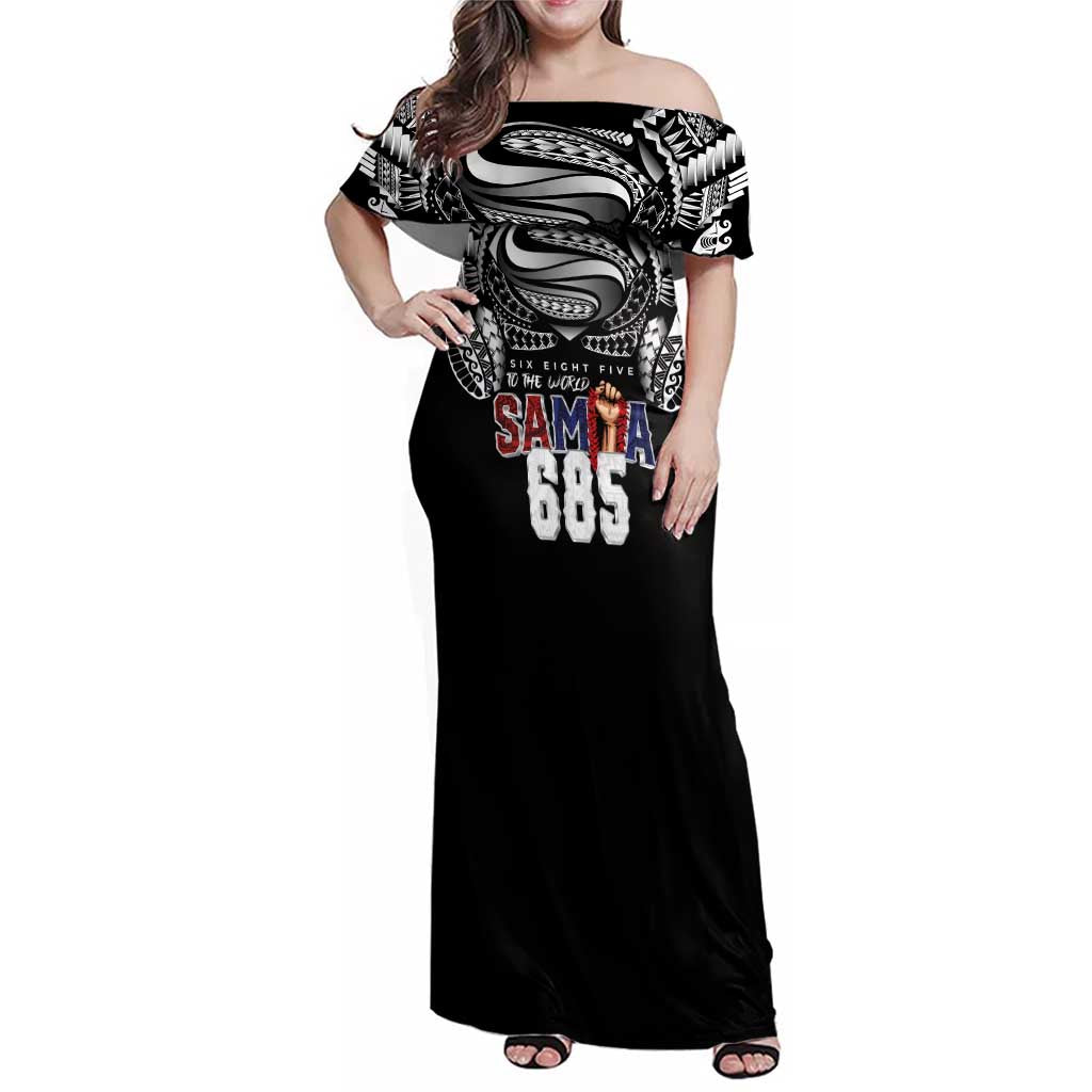 Super Samoa-Six Eight Five to The World Family Matching Off Shoulder Maxi Dress and Hawaiian Shirt Traditional Samoan Tattoo Black Color