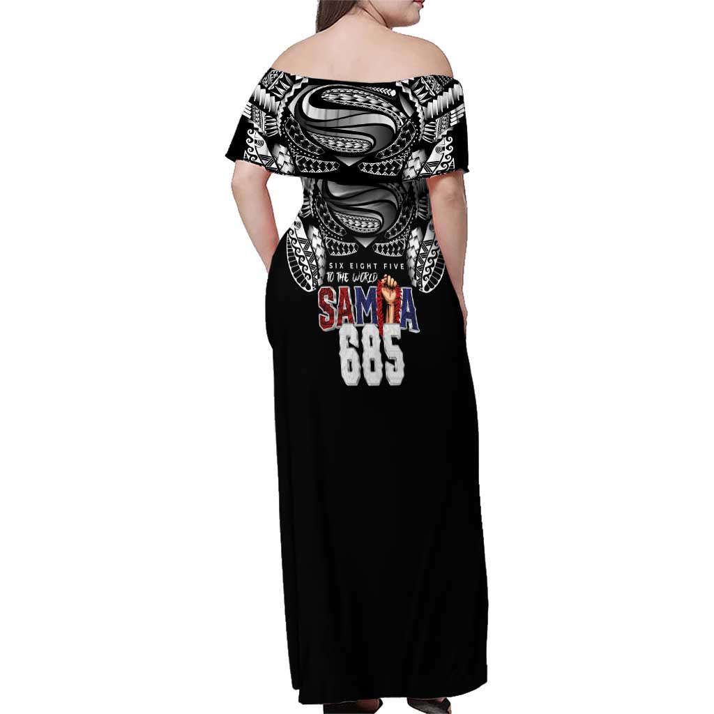 Super Samoa-Six Eight Five to The World Family Matching Off Shoulder Maxi Dress and Hawaiian Shirt Traditional Samoan Tattoo Black Color