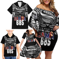 Super Samoa-Six Eight Five to The World Family Matching Off Shoulder Short Dress and Hawaiian Shirt Traditional Samoan Tattoo Black Color