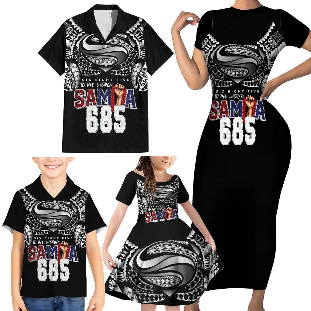 Super Samoa-Six Eight Five to The World Family Matching Short Sleeve Bodycon Dress and Hawaiian Shirt Traditional Samoan Tattoo Black Color