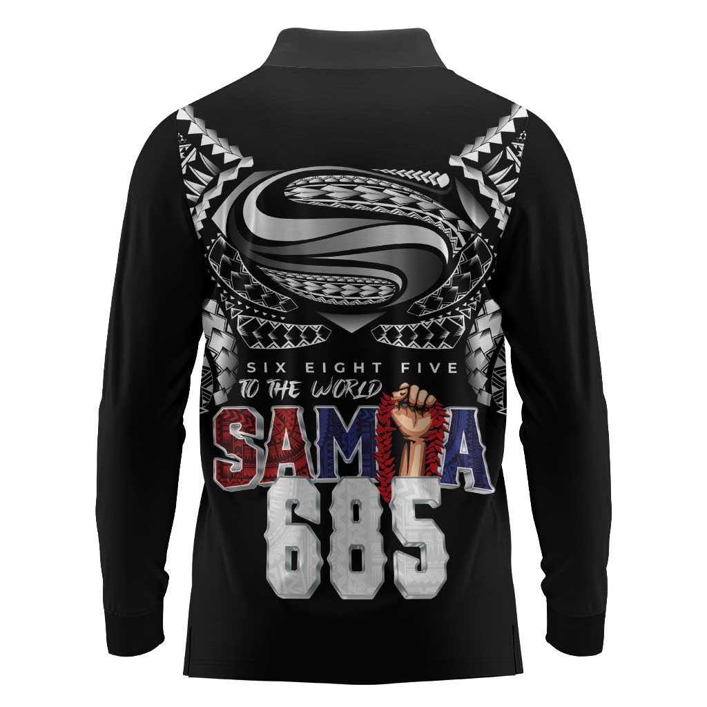 Super Samoa-Six Eight Five to The World Long Sleeve Polo Shirt Traditional Samoan Tattoo Black Color
