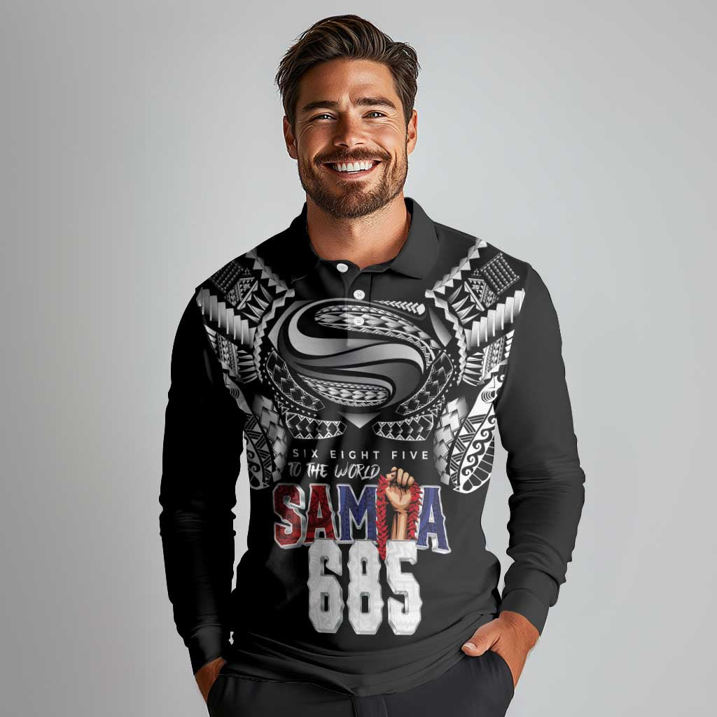 Super Samoa-Six Eight Five to The World Long Sleeve Polo Shirt Traditional Samoan Tattoo Black Color