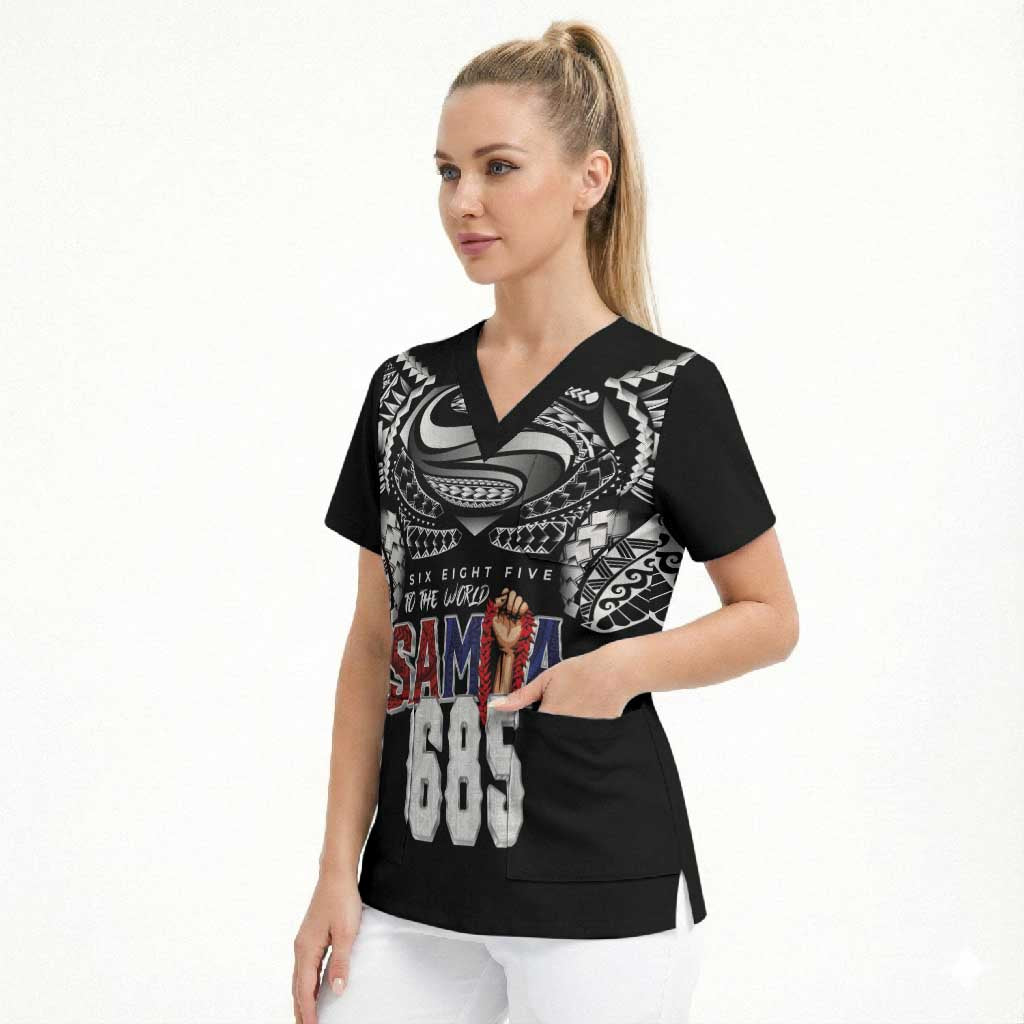 Super Samoa-Six Eight Five to The World Scrub Top Traditional Samoan Tattoo Black Color