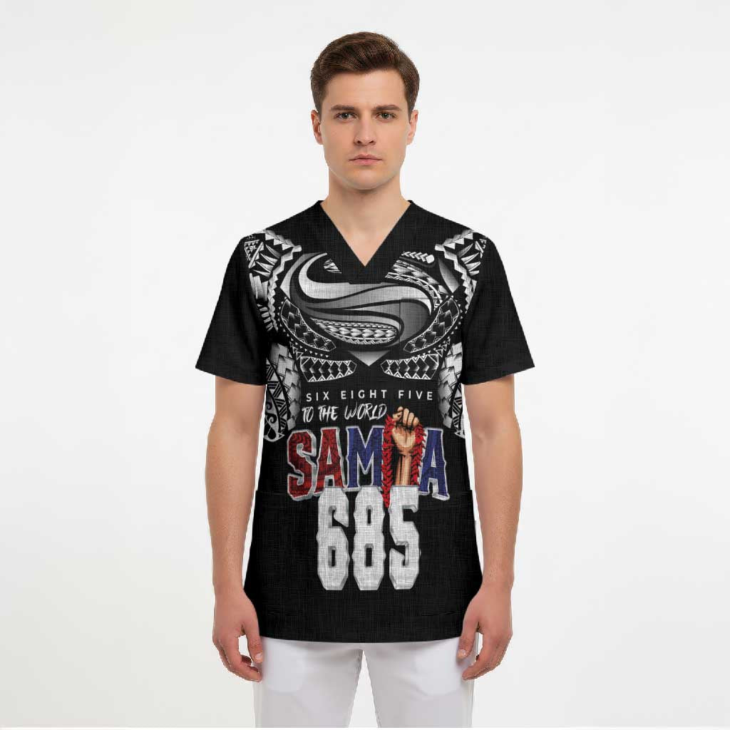 Super Samoa-Six Eight Five to The World Scrub Top Traditional Samoan Tattoo Black Color