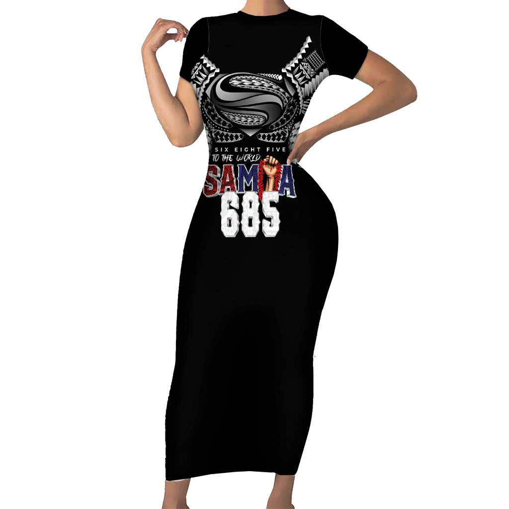 Super Samoa-Six Eight Five to The World Short Sleeve Bodycon Dress Traditional Samoan Tattoo Black Color