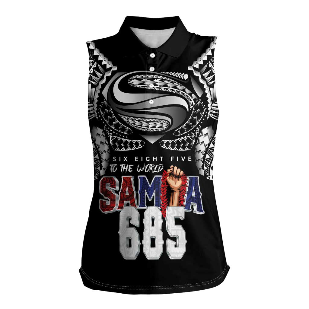 Super Samoa-Six Eight Five to The World Women Sleeveless Polo Shirt Traditional Samoan Tattoo Black Color