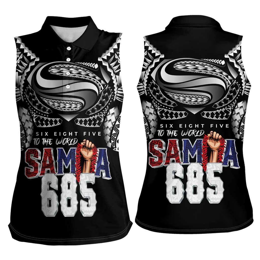 Super Samoa-Six Eight Five to The World Women Sleeveless Polo Shirt Traditional Samoan Tattoo Black Color