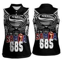 Super Samoa-Six Eight Five to The World Women Sleeveless Polo Shirt Traditional Samoan Tattoo Black Color