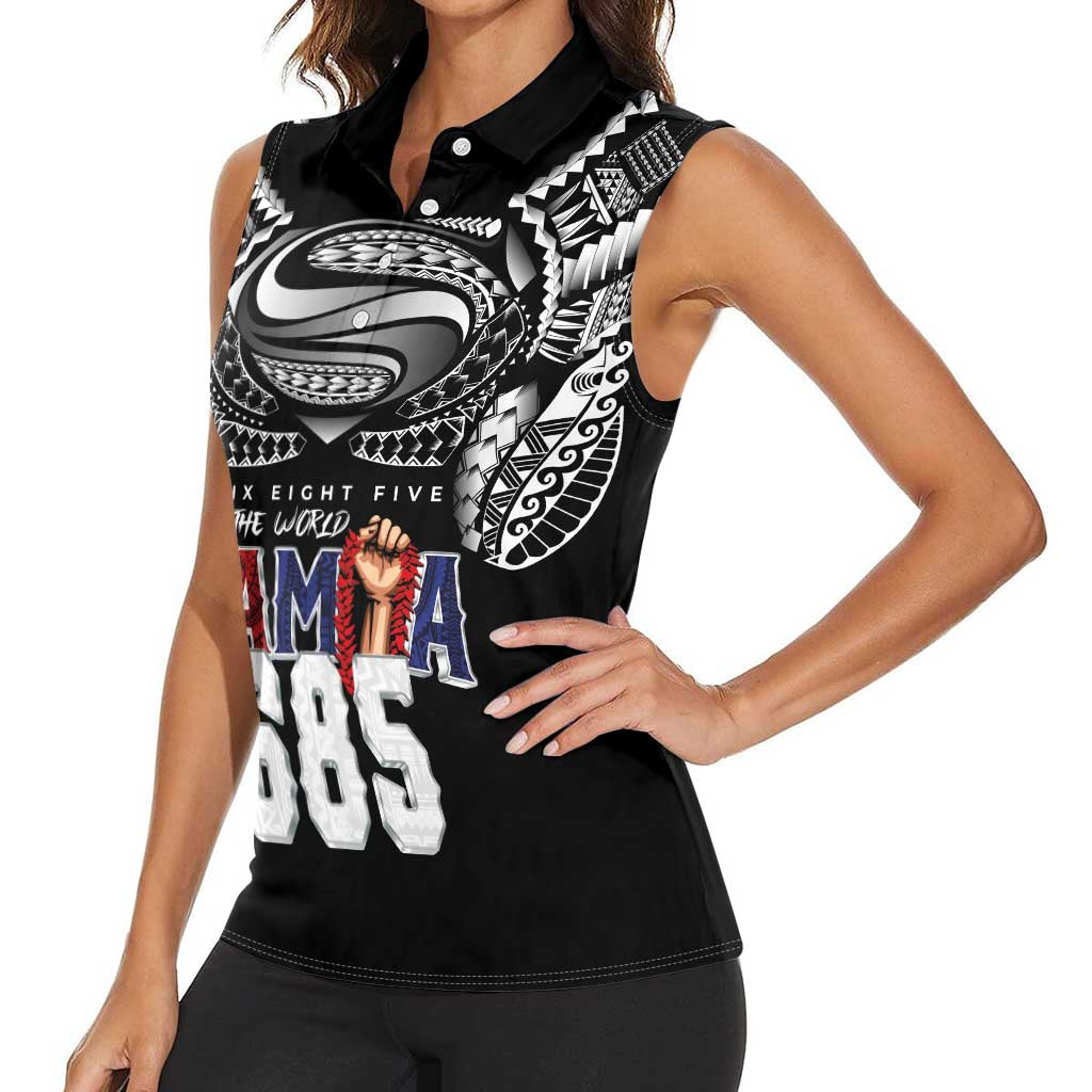 Super Samoa-Six Eight Five to The World Women Sleeveless Polo Shirt Traditional Samoan Tattoo Black Color