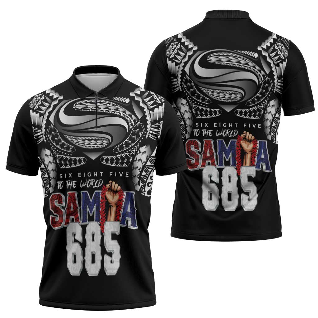 Super Samoa-Six Eight Five to The World Zipper Polo Shirt Traditional Samoan Tattoo Black Color