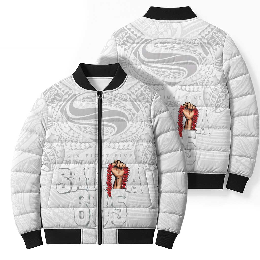 Super Samoa-Six Eight Five to The World Bomber Puffer Jacket Traditional Samoan Tattoo All White