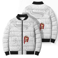 Super Samoa-Six Eight Five to The World Bomber Puffer Jacket Traditional Samoan Tattoo All White