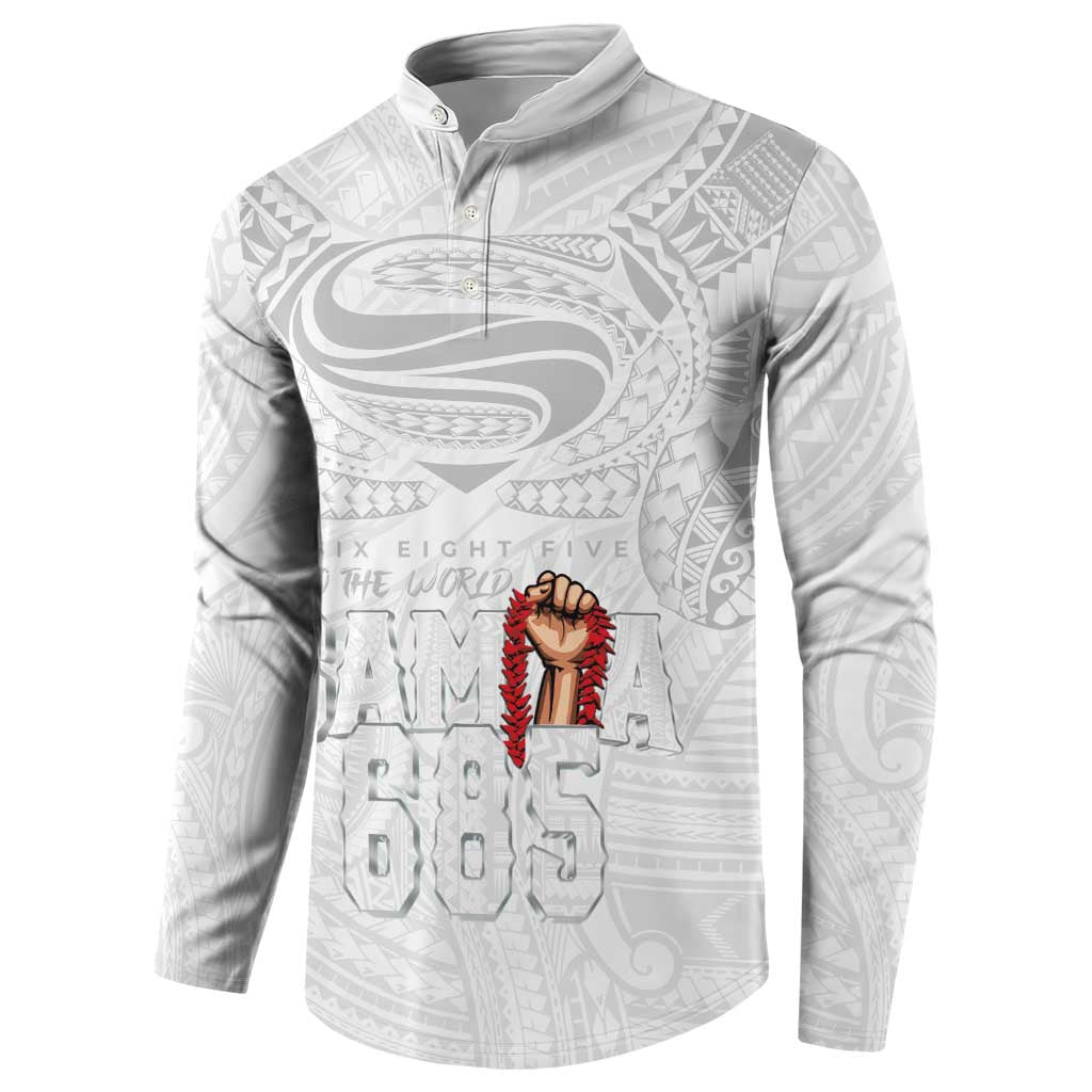 Super Samoa-Six Eight Five to The World Button Sweatshirt Traditional Samoan Tattoo All White