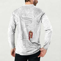 Super Samoa-Six Eight Five to The World Button Sweatshirt Traditional Samoan Tattoo All White