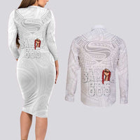 Super Samoa-Six Eight Five to The World Couples Matching Long Sleeve Bodycon Dress and Long Sleeve Button Shirt Traditional Samoan Tattoo All White