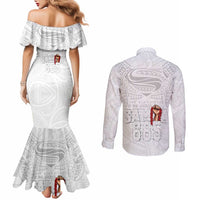 Super Samoa-Six Eight Five to The World Couples Matching Mermaid Dress and Long Sleeve Button Shirt Traditional Samoan Tattoo All White