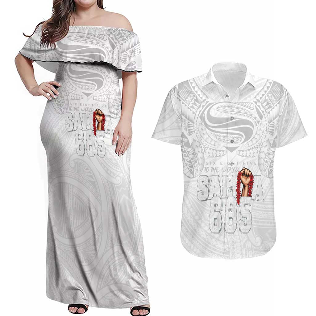 Super Samoa-Six Eight Five to The World Couples Matching Off Shoulder Maxi Dress and Hawaiian Shirt Traditional Samoan Tattoo All White