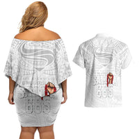 Super Samoa-Six Eight Five to The World Couples Matching Off Shoulder Short Dress and Hawaiian Shirt Traditional Samoan Tattoo All White