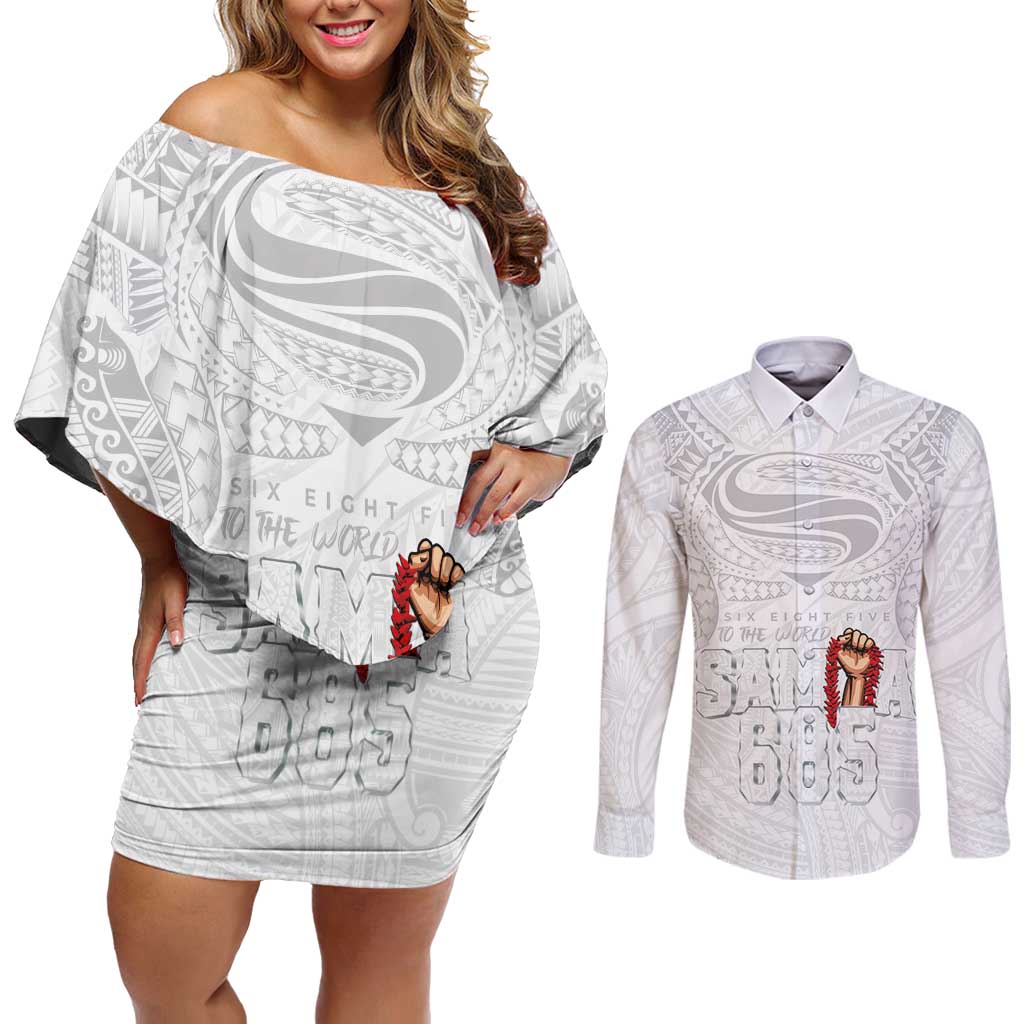 Super Samoa-Six Eight Five to The World Couples Matching Off Shoulder Short Dress and Long Sleeve Button Shirt Traditional Samoan Tattoo All White