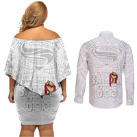Super Samoa-Six Eight Five to The World Couples Matching Off Shoulder Short Dress and Long Sleeve Button Shirt Traditional Samoan Tattoo All White