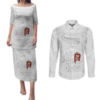 Super Samoa-Six Eight Five to The World Couples Matching Puletasi and Long Sleeve Button Shirt Traditional Samoan Tattoo All White LT03 White - Polynesian Pride