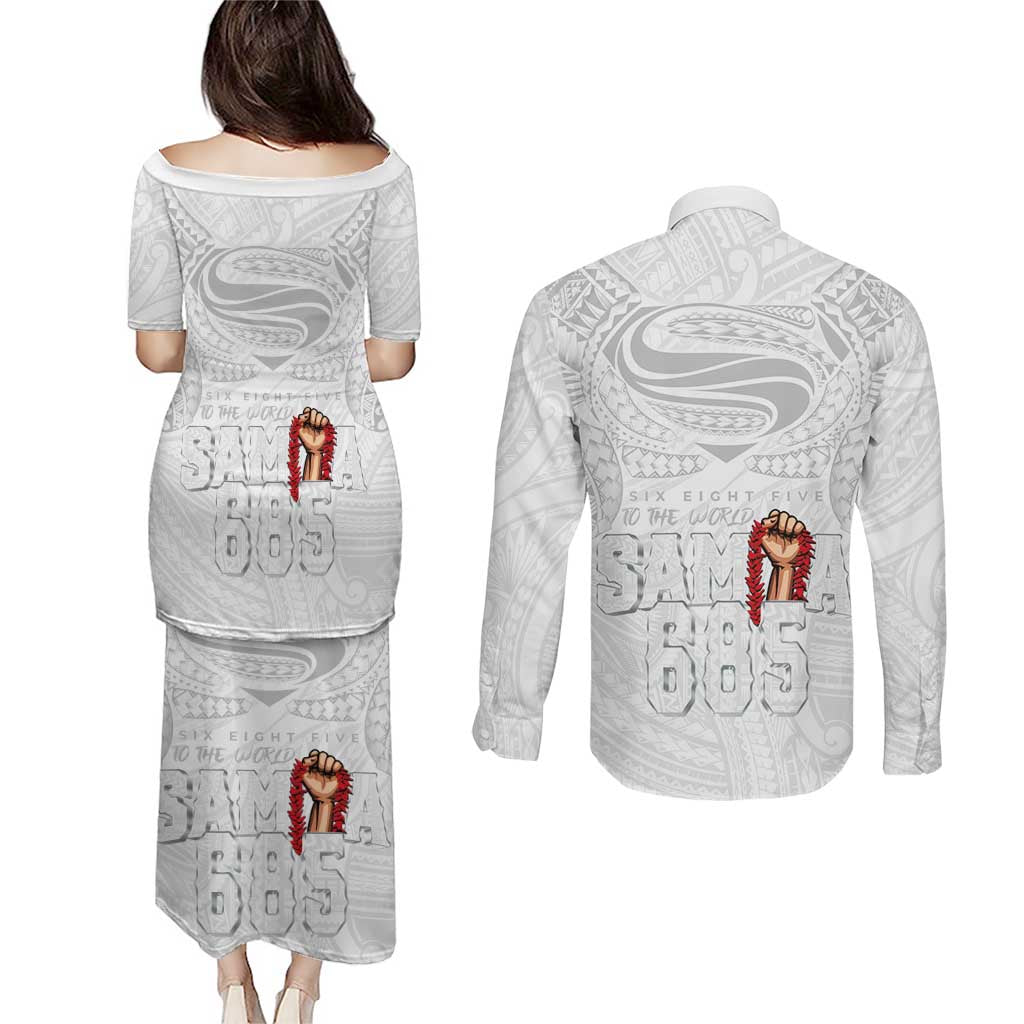 Super Samoa-Six Eight Five to The World Couples Matching Puletasi and Long Sleeve Button Shirt Traditional Samoan Tattoo All White LT03 - Polynesian Pride