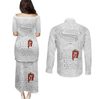 Super Samoa-Six Eight Five to The World Couples Matching Puletasi and Long Sleeve Button Shirt Traditional Samoan Tattoo All White LT03 - Polynesian Pride