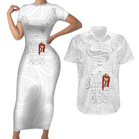 Super Samoa-Six Eight Five to The World Couples Matching Short Sleeve Bodycon Dress and Hawaiian Shirt Traditional Samoan Tattoo All White