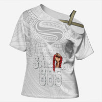 Super Samoa-Six Eight Five to The World Cross Shoulder Shirt Traditional Samoan Tattoo All White