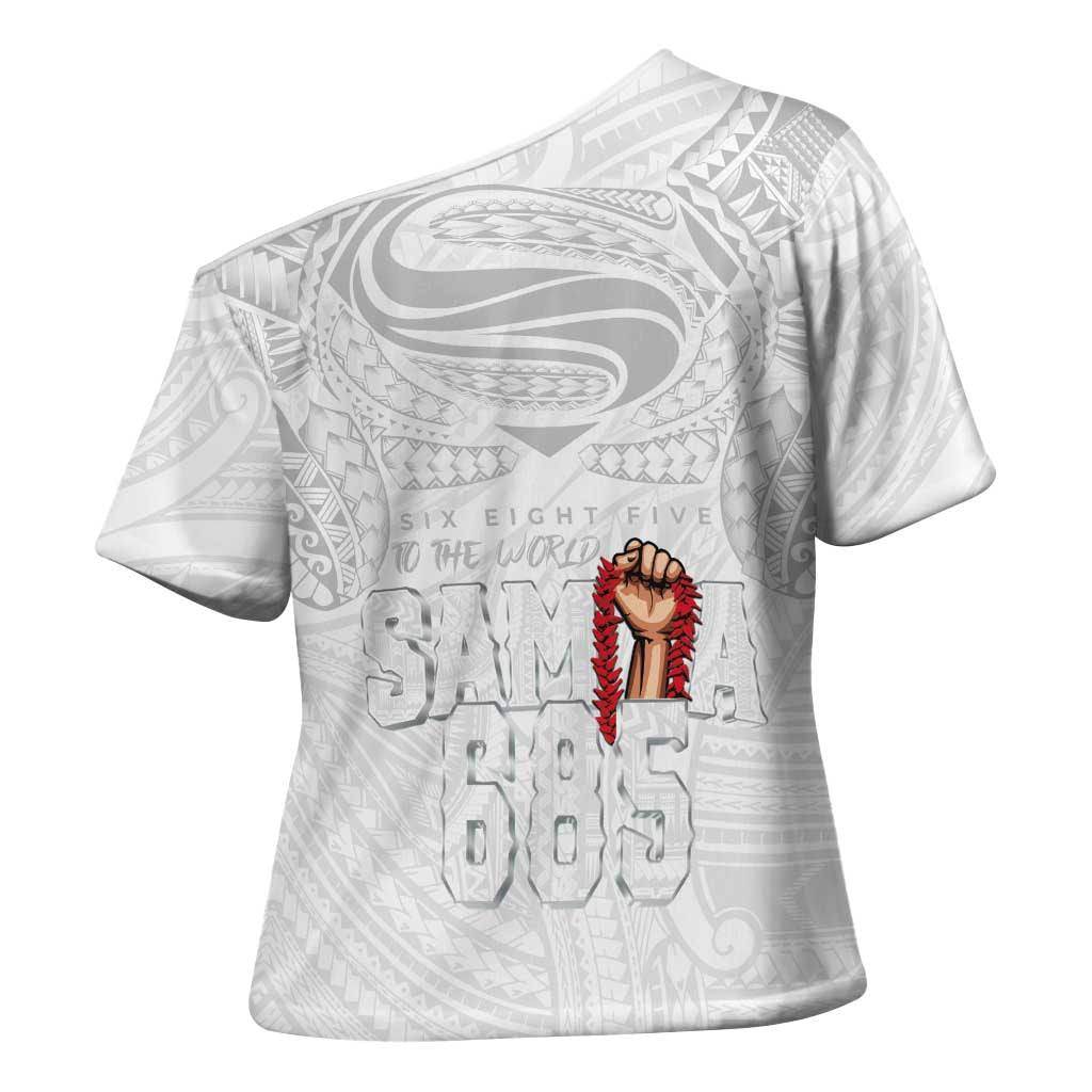 Super Samoa-Six Eight Five to The World Cross Shoulder Shirt Traditional Samoan Tattoo All White